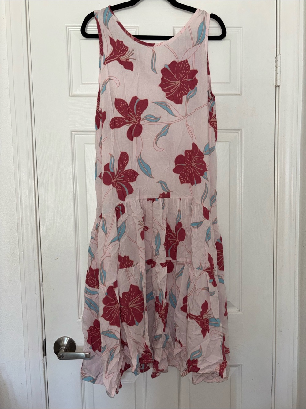 Sleeveless Pink High-Low Dress with Red Floral Print